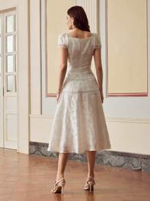 ZEYLAH Floral Lace Patchwork Ruffle Waist Dress - White - View 3