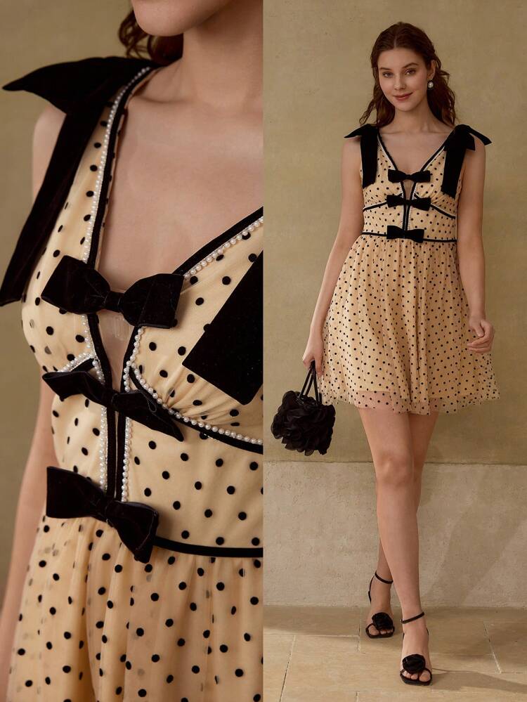 POLKA DOT PATTERN BOW DETAIL DRESS