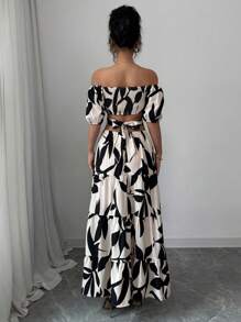 Lyxana Women's Off Shoulder Cinched Waist Printed Hollow Long Dress (Floral Pattern Asymmetrical Cut), Summer - Apricot - View 2