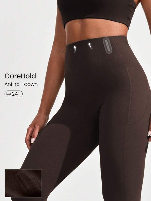 GLOWMODE Colanți CoreHold FeatherFit™-Sculpt CoreHold, 24'', cu croială anti-alunecare, control al abdomenului, fără cusături frontale, cu buzunare laterale, pentru antrenament cu impact mediu, jogging, sală de sport