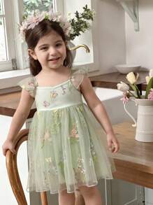 Baby Mädchen Kleid mit gewobener Mesh-Stickerei, quadratischem Kragen und Rüschensaum