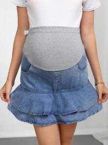 SHEIN Elastic Patchwork Autumn Maternity Denim Skirt Autumn Festival - Light Wash - View 6