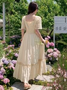 DAZY Vestido de verano de largo medio con diseño de volantes en el bajo y parches de encaje de unicolor de manga corta para mujer - Beis - Ver 2