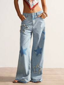 Bohemela 梭织纯色五角星图案阔腿做旧洗水牛仔裤 - 藍色 - 查看 4