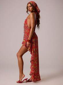 MUSERA 露背深V系带印花雪纺层叠荷叶边长裙，适合婚礼宾客、毕业典礼、生日、舞会、夏季、可爱、度假、节日、性感、优雅、伊比沙岛海滩、夜生活、婚礼宾客、优雅约会之夜、秋季派对等场合穿着。 - 彩色 - 查看 4