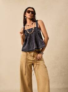 Easelle Vintage Casual Discounted Black Denim Blouse Top For Women - Black - View 6