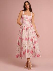 Enchnt 春夏浪漫女士粉色花卉印花无袖大蝴蝶结露背长款公主裙，甜美优雅，适合度假、约会、节日、派对、毕业典礼、婚礼宾客和海滩，舞会礼服，女士夏季连衣裙，女士太阳裙，夏装，优雅派对连衣裙 - 粉色 - 查看 10