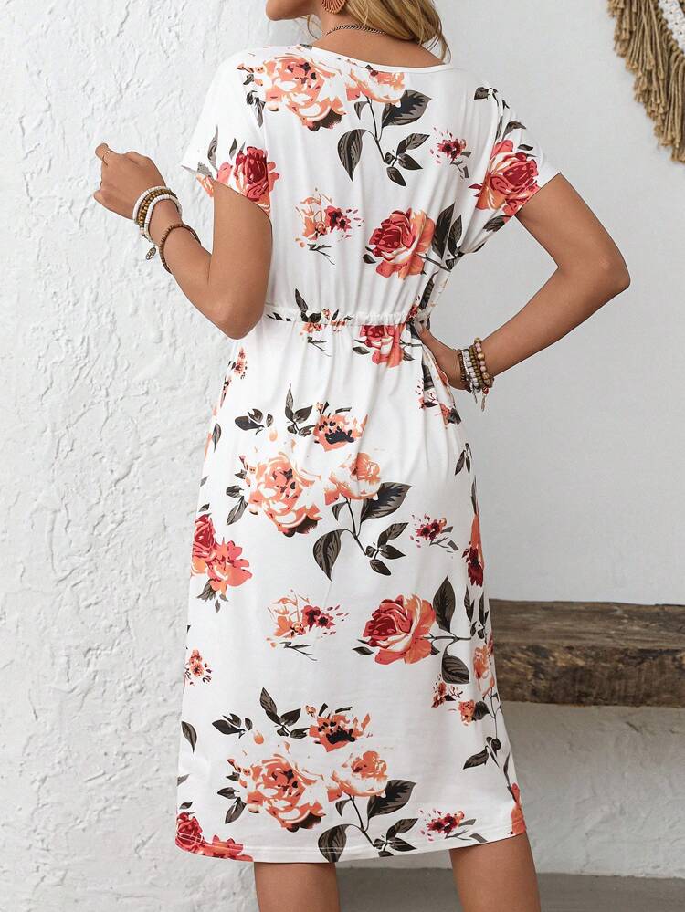 Plus Size Women's Floral Tie Waist Pocket Casual Dress, Stylish And Elegant Summer Dress, Business Casual Women's Dress, Women's Graduation Dress, Women's Wedding Guest Dress, Graduation Dress, Women's Work Dress,Tea Party Dress,Sundress