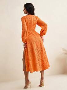 Israel Jasso Orange Solid V-Neckline Balloon Long Sleeve Bohemian Dress Casual Beach Outfit Vacation - Orange - View 2