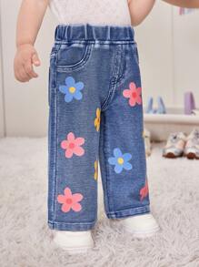 6M-3YRS Baby Girl Blue Floral Print Knit Denim Wide Leg Pants,Summer Casual Vacation Colorful Flower Print,Stretchy Comfortable 2 Back Pockets Jeans - Light Wash - View 7