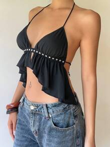 Aloruh 女款小碼黑色鉚釘細肩帶掛脖露背上衣 Y2K 風格，適合年輕女孩，夏季 70 年代派對迪斯可電音音樂節演唱會海島度假 - 黑色 - 查看 7