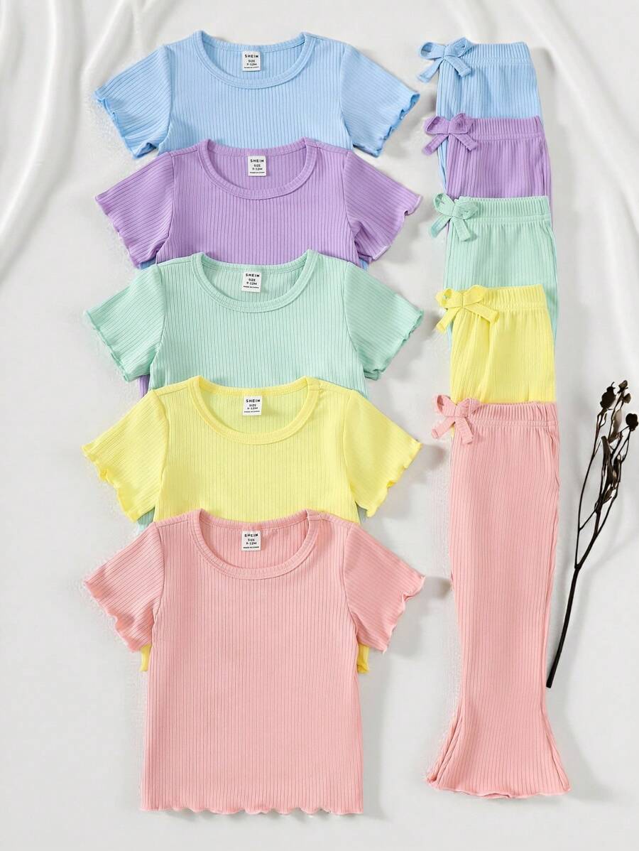 SHEIN Vintaside Kids 5件/10套女婴春夏装5色短袖上衣和长裤 - 彩色 - 查看 1