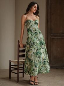 Anewsta Rochie de petrecere fără mâneci, stil pictură în ulei, cu linie A, pentru femei, model Sling, nou-venită - Verde - Vizualizare 7