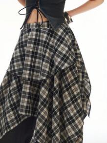 LYSMO 黑白复古格子 A 字裙，高腰修身不对称下摆解构中长裙，女式