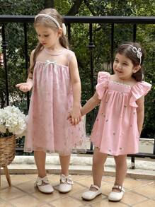 SHEIN Cute Pink Floral Embroidered Mesh Midi Dress For Young Girls With Round Neck And Sleeveless Design - Multicolor - View 3