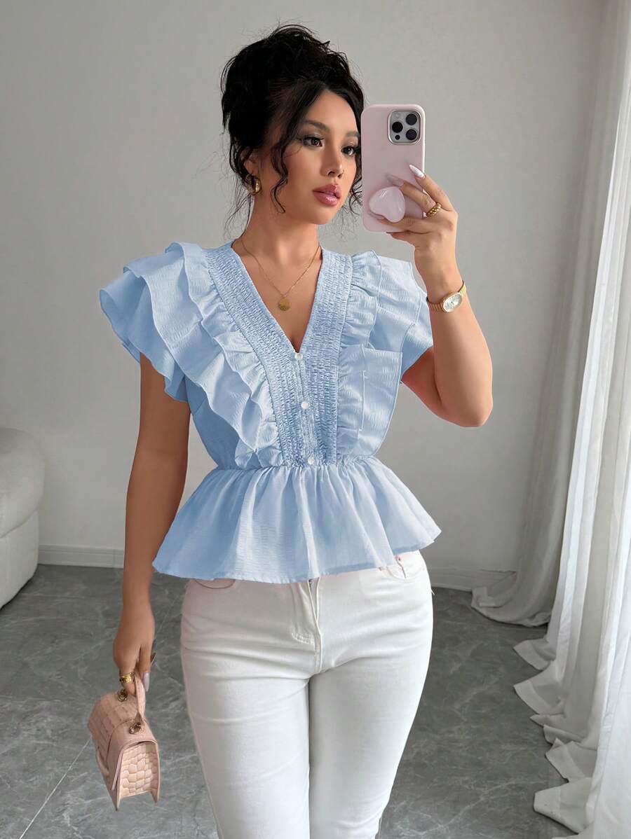 Elenzga Women's Spring/Summer Fashion Elegant V-Neck Ruffle Trim Textured Sleeveless Blouse