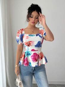 Elenzga Women Elegant Floral Print Square Neck Pleated Bust Ruched A-Line Top - Multicolor - View 4