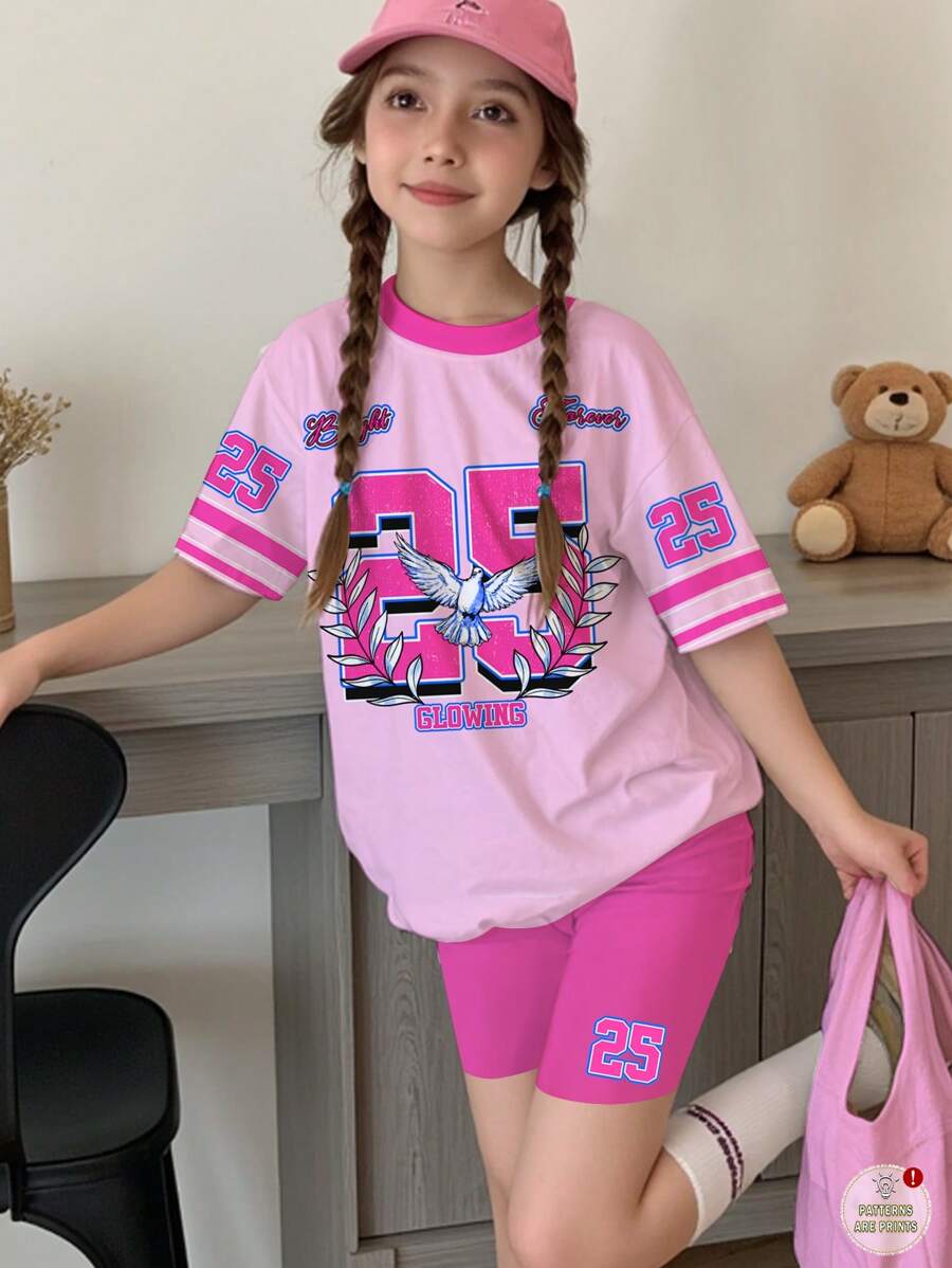 SHEIN Leap Crew 2 件套青少年女孩休闲简约图案 25 图案短袖 T 恤和短裤,夏季运动风格 - 彩色 - 查看 1
