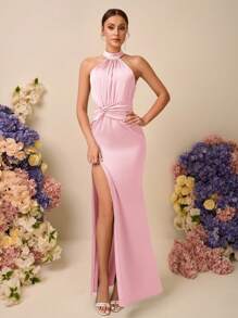 SHEIN Belle Elegante abito da sirena con collo alla francese in raso, arricciature, torsione, spacco alto e schiena scoperta, adatto per matrimoni, eventi, appuntamenti, damigelle d'onore