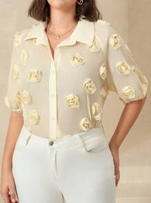 SHEIN Clasi Plus Size Women's Solid Color 3D Floral Decor Raglan Short Sleeve Blouse - Apricot - View 1