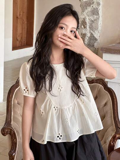 Dazy Kids Tween Girls Embroidered Hollow Puff Sleeve Shirt With Peter Pan Collar,Back To School Clothes Vacation