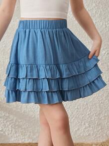 Blossori Young Girls' Country Style Blue Multilayer Ruffle Hem Midi Skirt - Blue - View 3