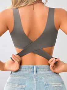 1pc Women Seamless No Padding Elegant Breathable Comfortable Crisscross Back Bandeau Bra - Grey - View 5