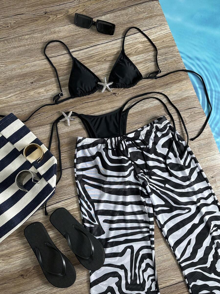 Swim SXY 3 件套女士性感沙滩装海星装饰三角形斑马动物印花系带比基尼套装性感简约比基尼度假泳衣。 - 黑與白 - 查看 1