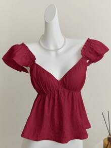 Elamini 蓝色甜美女仆领盖袖性感露背低V领短款吊带背心上衣 - 酒紅色 - 查看 4