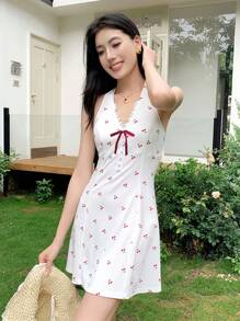 Celisse Summer Casual Cherry Print Halter V-Neck Waist-Tie Short Dress - White - View 4