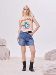 The Smurfs X SHEIN Women's Casual Letter & Cartoon Graphic Round Neck Tank Top
