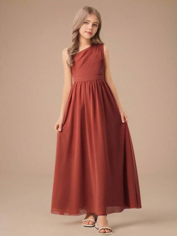 Tween Girl A-Line Floral One Shoulder Cutout Maxi Chiffon Dress, Flower Girl, Wedding, Birthday Party, Performance