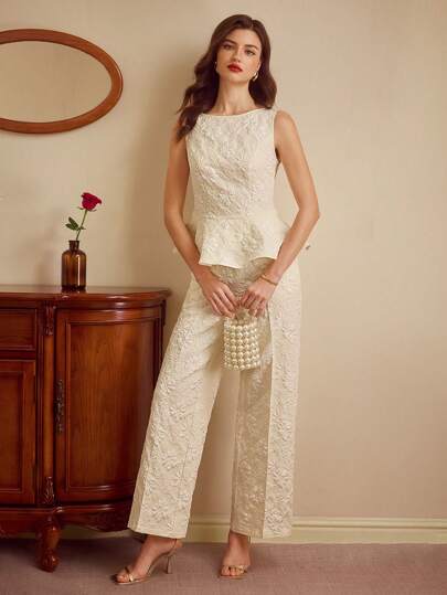 Vintamour Vintage Elegant Women 2pcs Set Jacquard Ruffle Hem Top And Pants Outfit, Spring/Summer Wedding Guest Dress Women Holiday Outfits