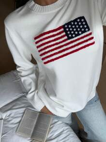 SHEIN EZwear 图案圆领长袖休闲套头衫 - 白色 - 查看 4