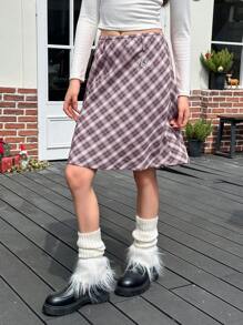 Jouncy 女士格子印花休闲百搭半身裙，夏季 - 紫色 - 查看 6