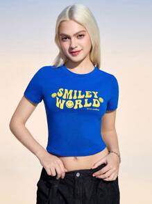 SmileyWorld® | SHEIN Áo thun cổ tròn tay ngắn họa tiết mặt cười và chữ cho nữ - Màu xanh lam - Xem 6