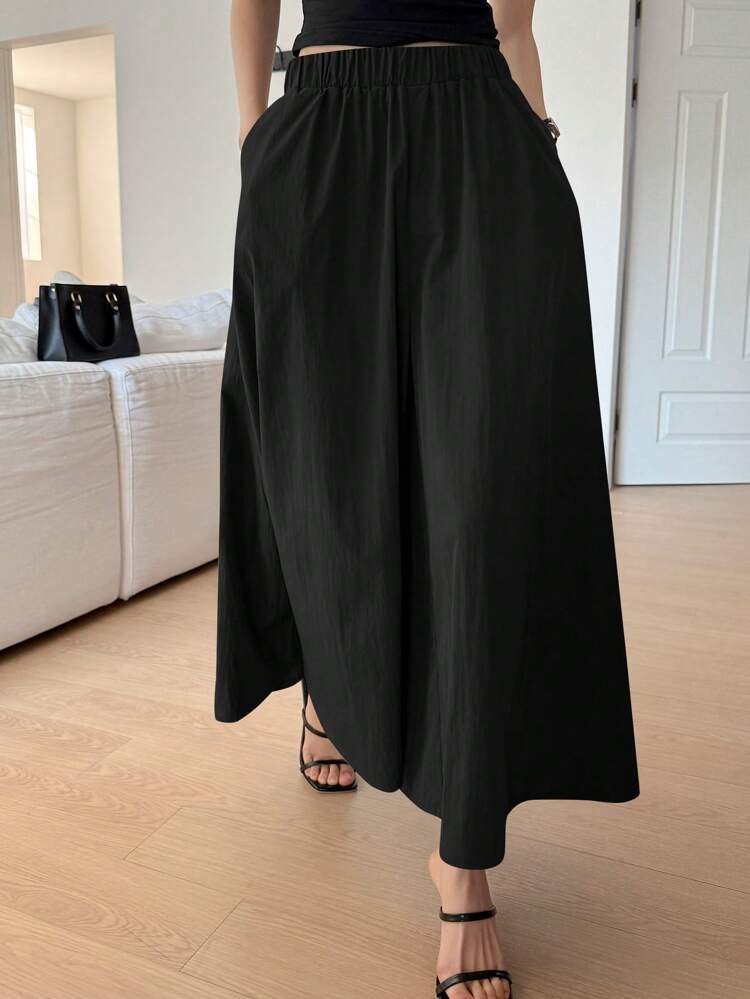 Women's Elegant Commuter Solid Color Loose Fit Wide Leg Cropped Pants, Suitable For Summer And Autumn