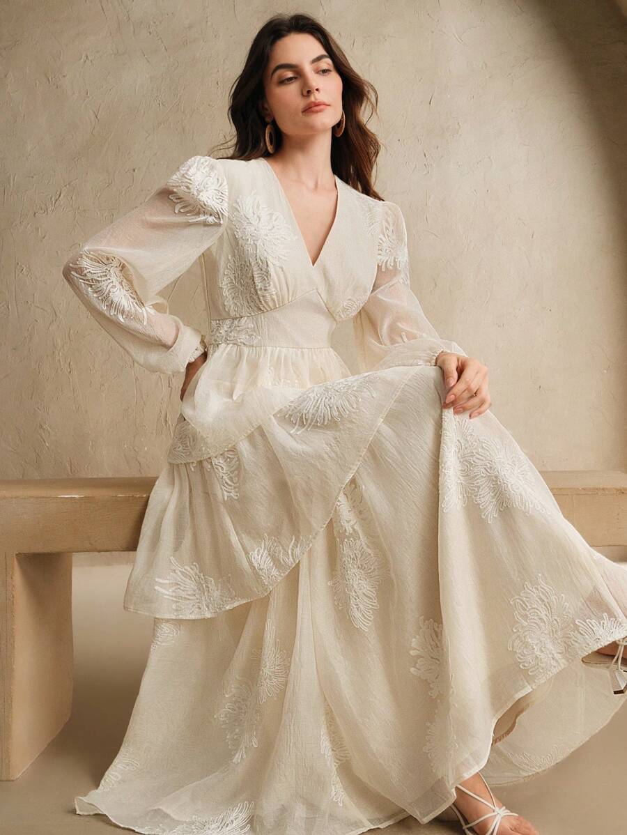 Anewsta Elegancka francuska haftowana sukienka - Morela - Zobacz 1