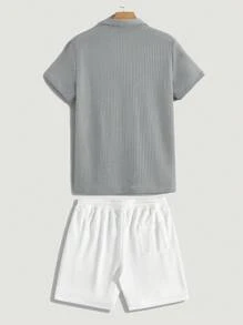Manfinity Mode 2 件男士纯色短袖 T 恤和抽绳腰口袋短裤套装 - 淺灰色 - 查看 2