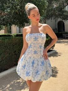Glamine Bohemian Style Prints Strapless Dress For Women.Summer A-Line Dress With Flower Bud Design.Back Pleated Waist-Cinching Design Dress.4th Ofjuly Dress. Graduation Dreses For Women - Multicolor - View 5