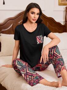 SHEIN Retro Minimalist Style Printed Loose Women Pajama Set - Multicolor - View 7