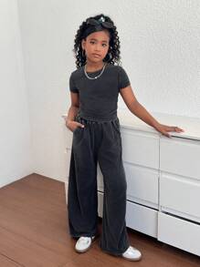 SHEIN 青少年女孩合身短袖圆领T恤和宽松阔腿针织裤套装 - 黑色 - 查看 14