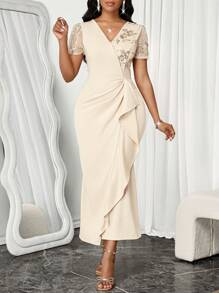 SHEIN Lady Spring And Summer Elegant Beige Knitted V Neck Mermaid Slit Contrast Mesh Sequin Embroidery Patchwork Ruffle Hem Long Dress Dresses Classy Elegant Birthday&Event Dresses /Office Dresses /Church Dresses/Wedding Dresses /Holiday Dresses / Birthday Dresses For Women Festival Butter Yellow / Butter Yellow Dress Business Casual Woman