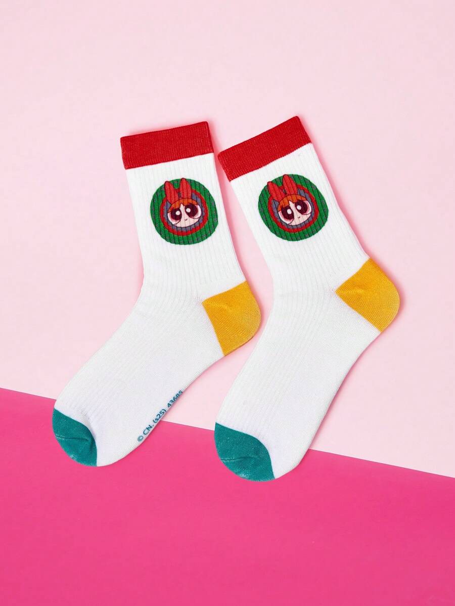 THE POWERPUFF GIRLS X SHEIN Blossom Pattern Fashionable Cute Contrast Color Crew Socks - White - View 1