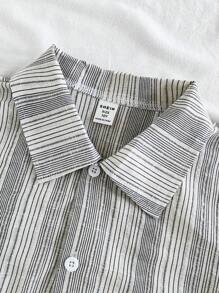 青少年男孩条纹印花纽扣短袖衬衫，夏季