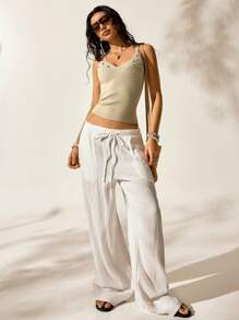 Easelle 浪漫性感吊带背心亮片串珠女士针织上衣，适合度假和户外 - 杏色 - 查看 5