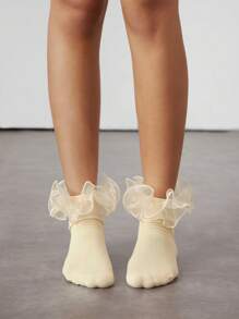 ROMWE Kawaii 1双女式花卉蕾丝下摆双面黄色中筒袜 - 黃色 - 查看 4