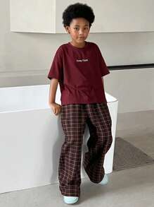 Hapijoa 青少年男孩字母印花短袖 T 恤和格子裤睡衣套装，返校服 - 酒紅色 - 查看 4
