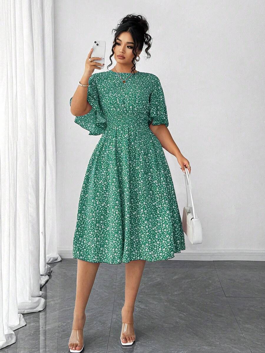 Elenzga Đầm midi chữ A cổ tròn tay bèo nhún họa tiết hoa cỡ lớn cho nữ, thanh lịch khi mặc ngoài trời - màu xanh lá - Xem 1