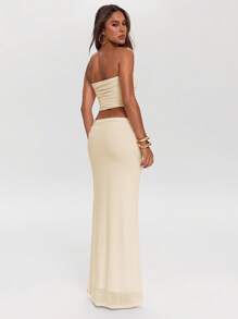 SHEIN BAE 女式性感纯色抹胸短款上衣和裙子两件套，夏季 - 杏色 - 查看 2